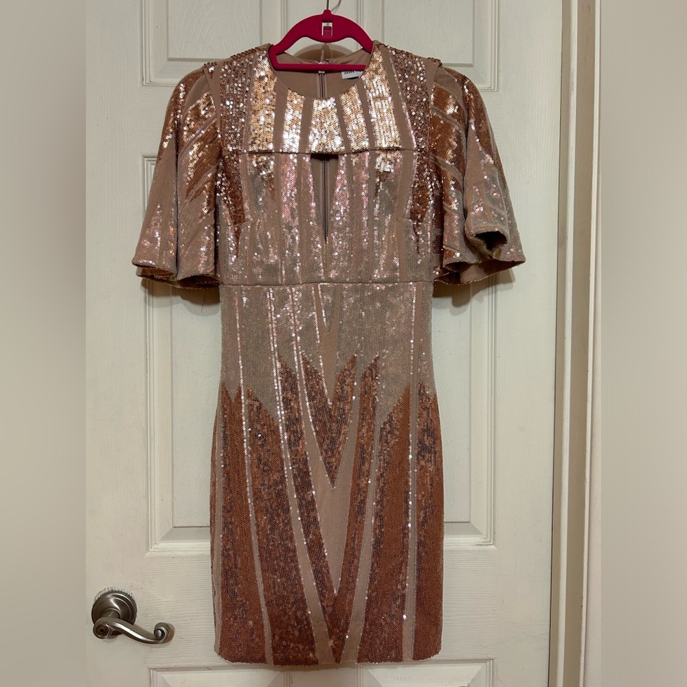 Rose gold shifting color sequined dress flutter sleeves NWOT size S